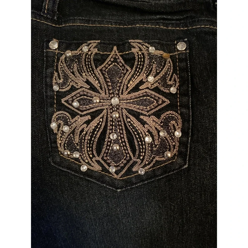 Earl Jean Denim Mini Skirt Bling Cross Dark Wash Country Festival Women's Sz 8